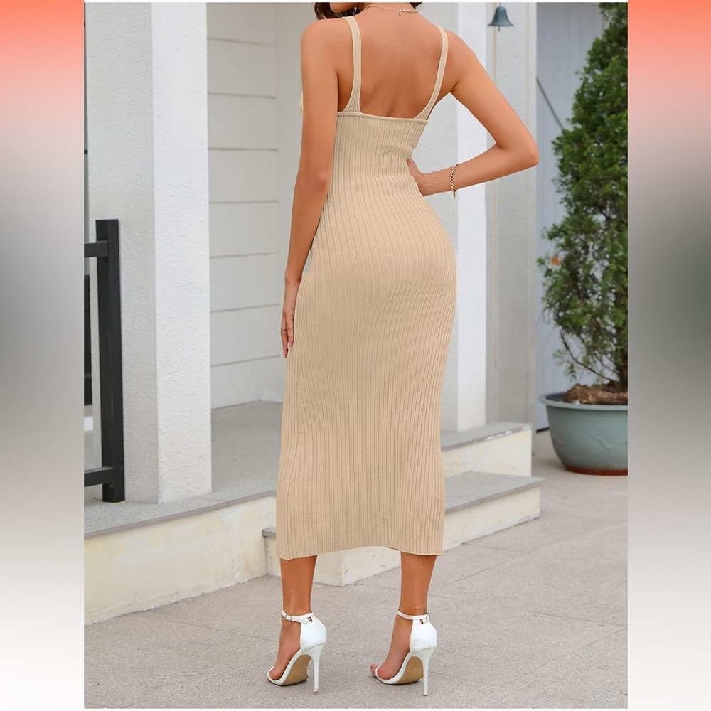 Chic Tan Ribbed Maxi Dress - Picture 3 of 5